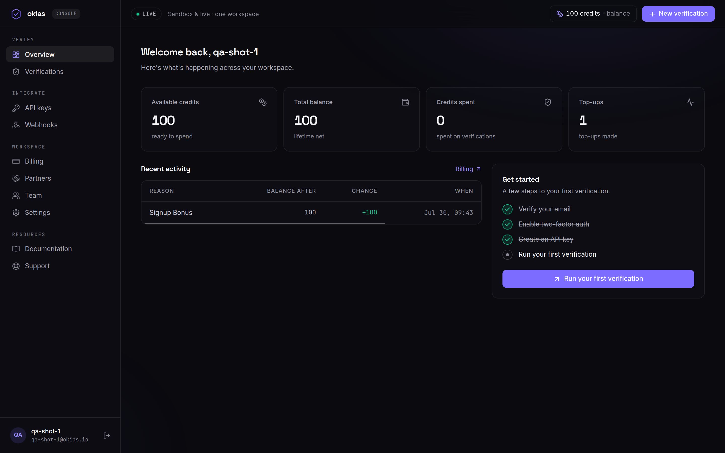 OKIAS console — workspace overview with credit balance, spend and recent account activity