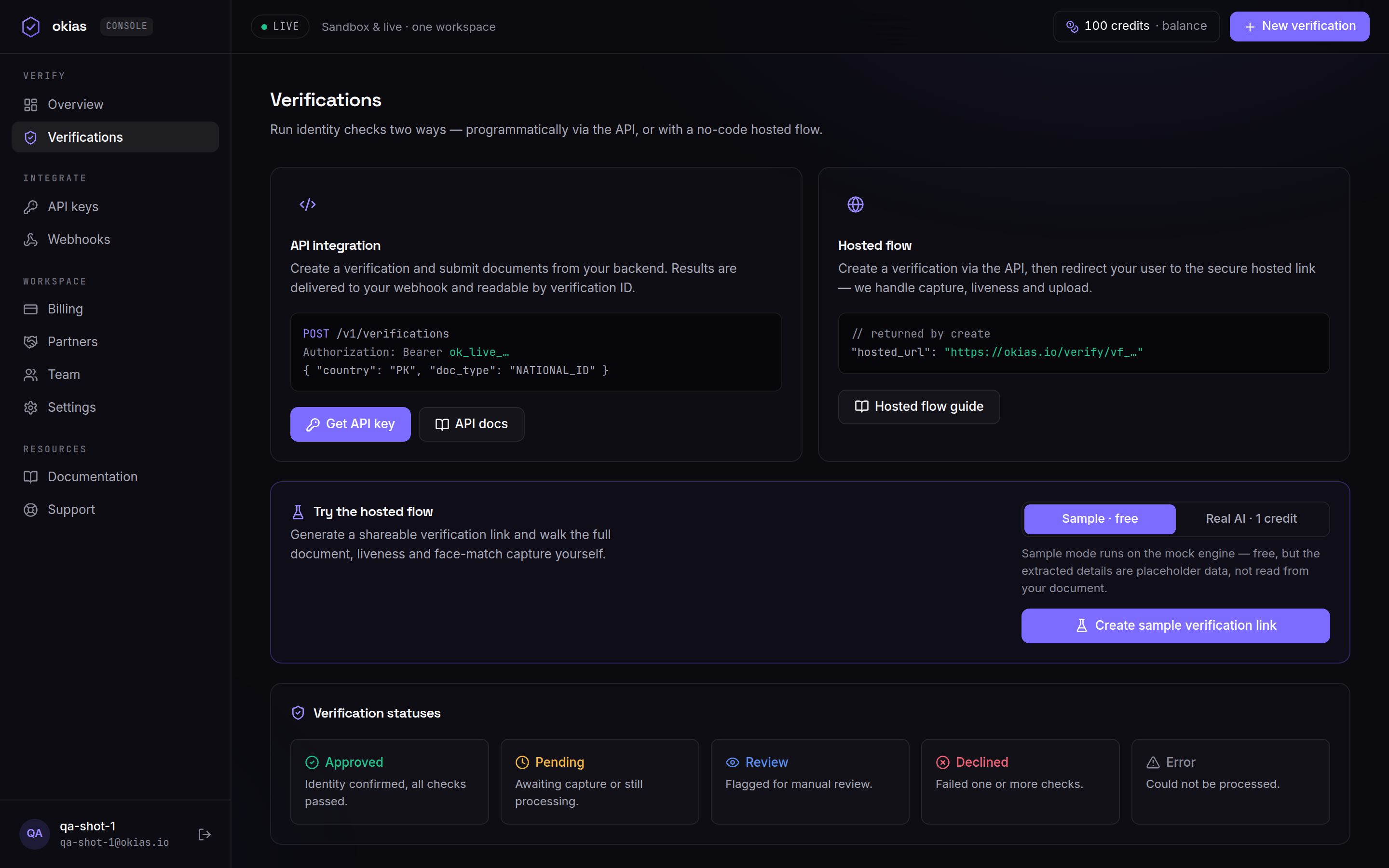 OKIAS console — verifications workspace showing API integration, hosted-flow setup and the verification status legend